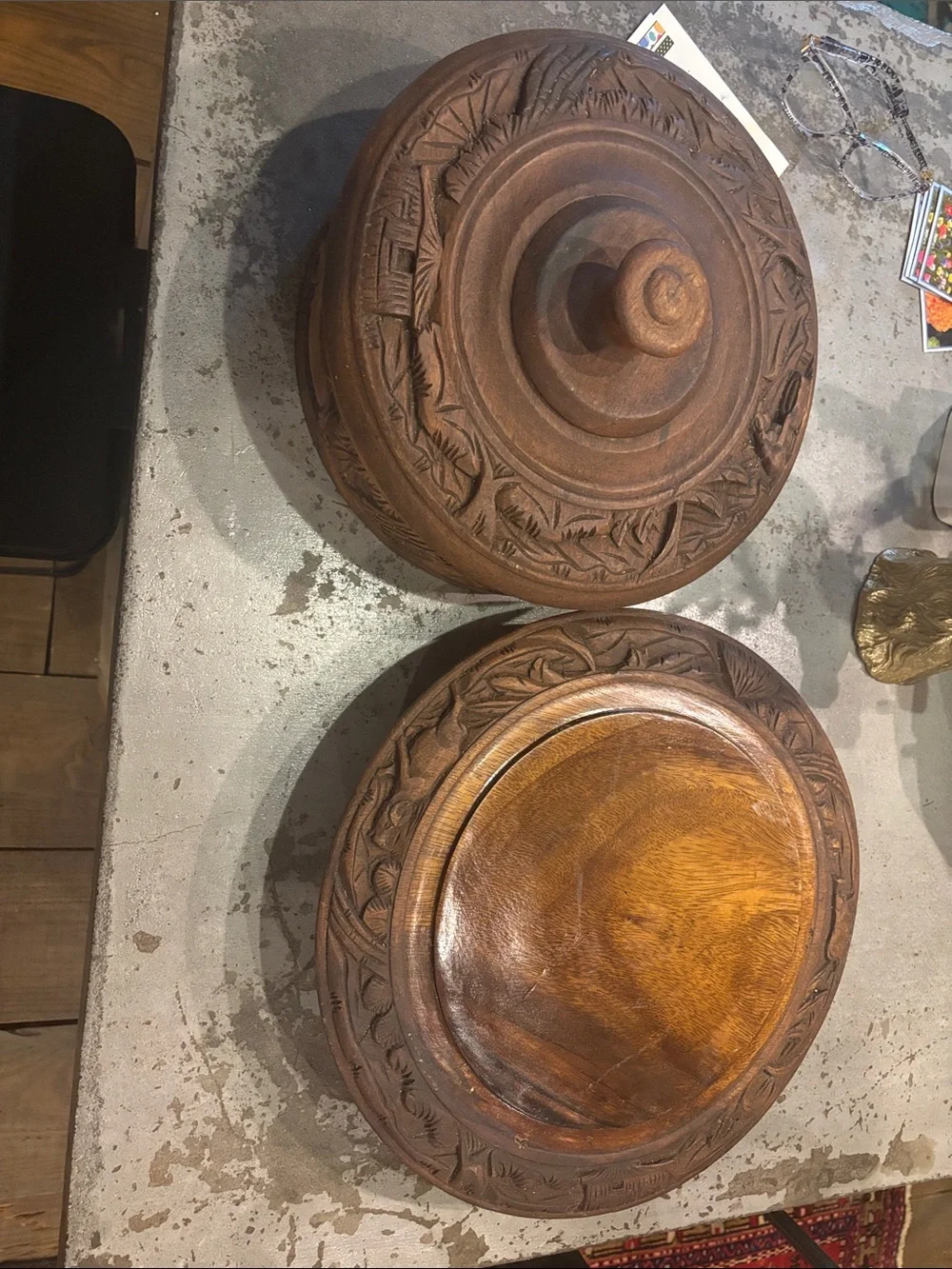 Carved Wooden Lidded  cake holder - Rich Brown Old unique wood . So pretty